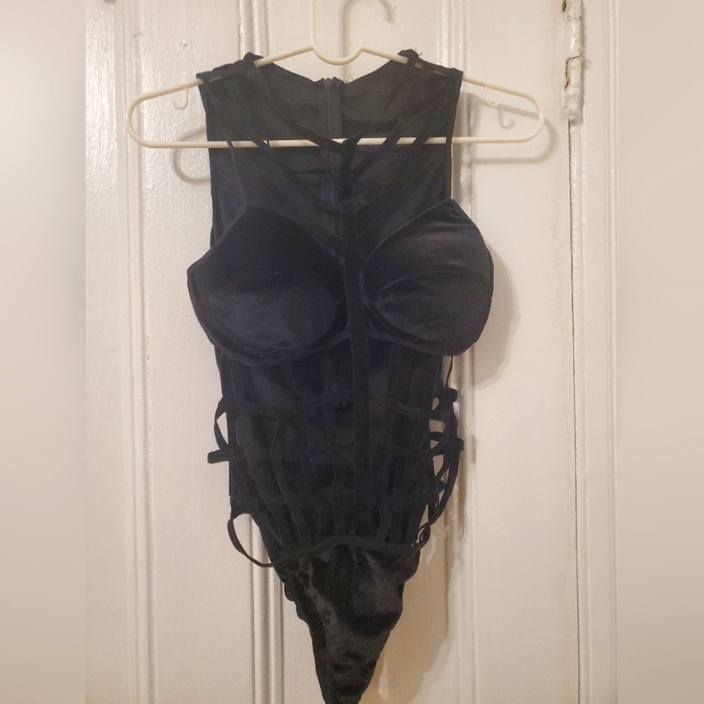 Rehab Black Velvet Strapped Cage Bodice Bodysuit